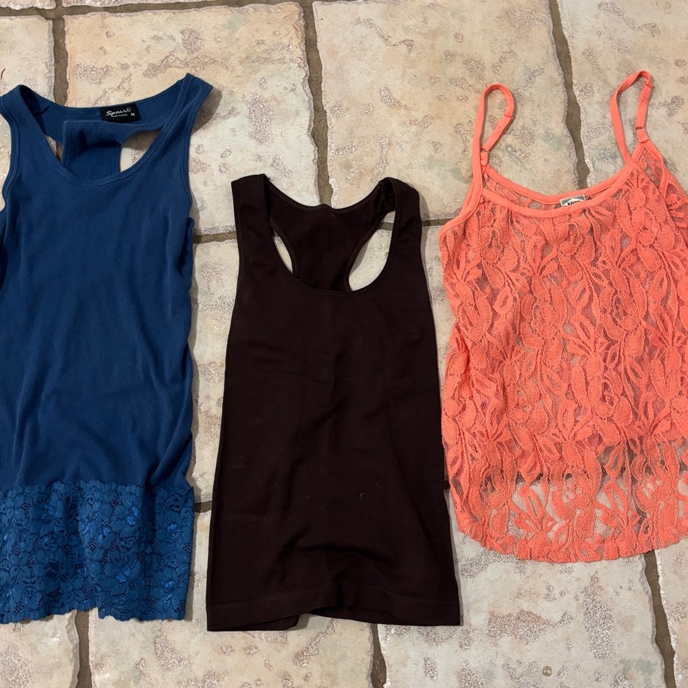 Lot of 3 Women's Lace and Solid Tank Tops Blue, dark brown, Coral medium orange